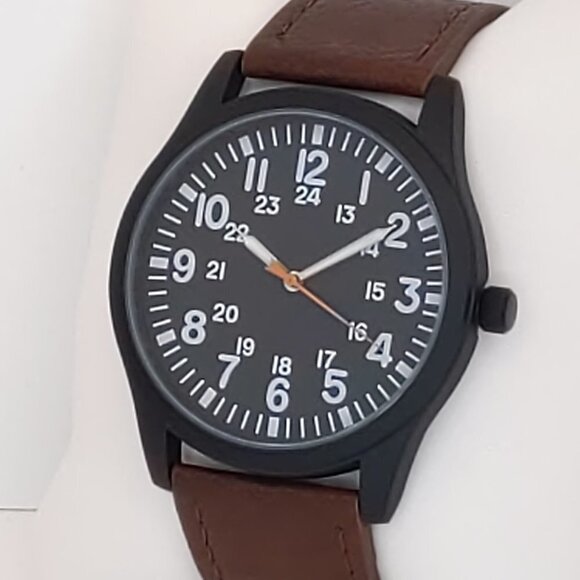 Men's Quartz Field Watch Black Case Brown Leather Strap 42mm - Picture 7 of 11
